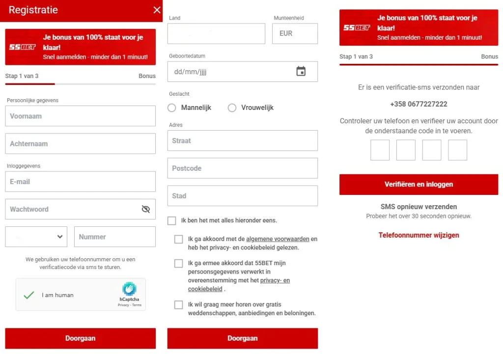 55Bet Casino Registratie en KYC